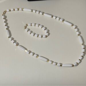 Crown Trifari vintage white and gold acrylic beaded set bracelet and necklace